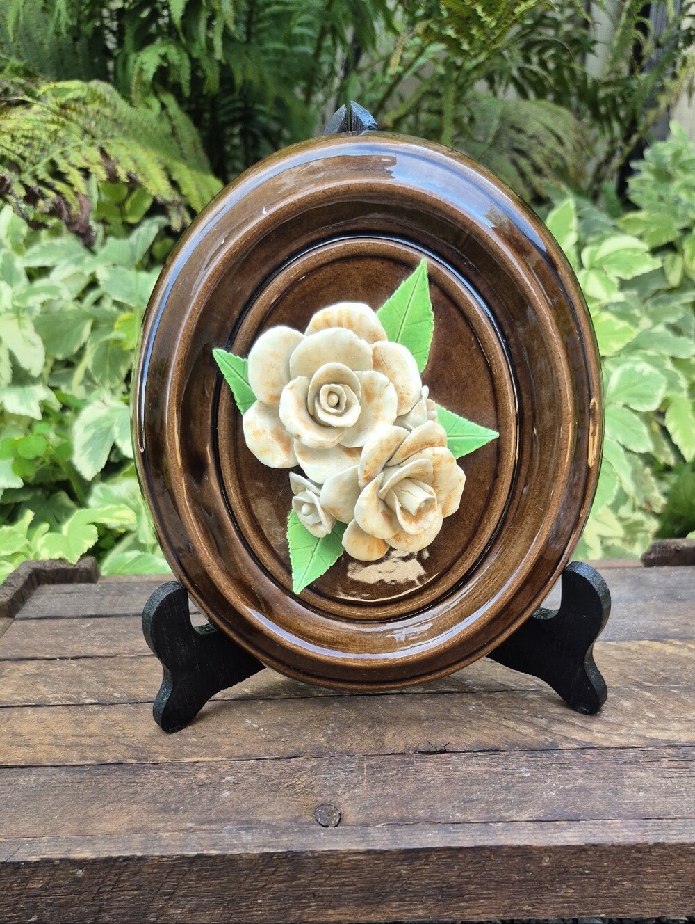 Vintage 1983 Signed Ceramic Flower Wall Plaque Relief Art Earthy Brown Glaze